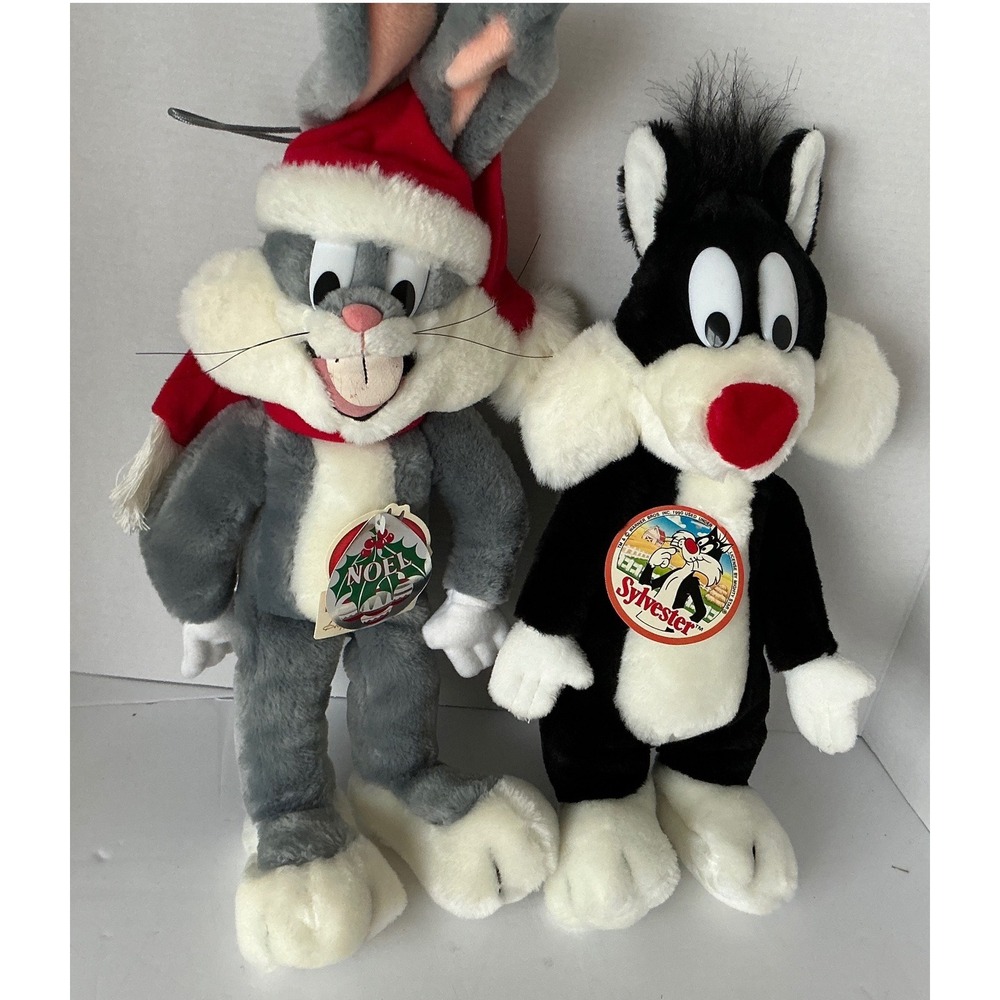 Warner Bros Vintage 90s Bugs Bunny Sylvester Plush Toy Set 11in Holiday Noel